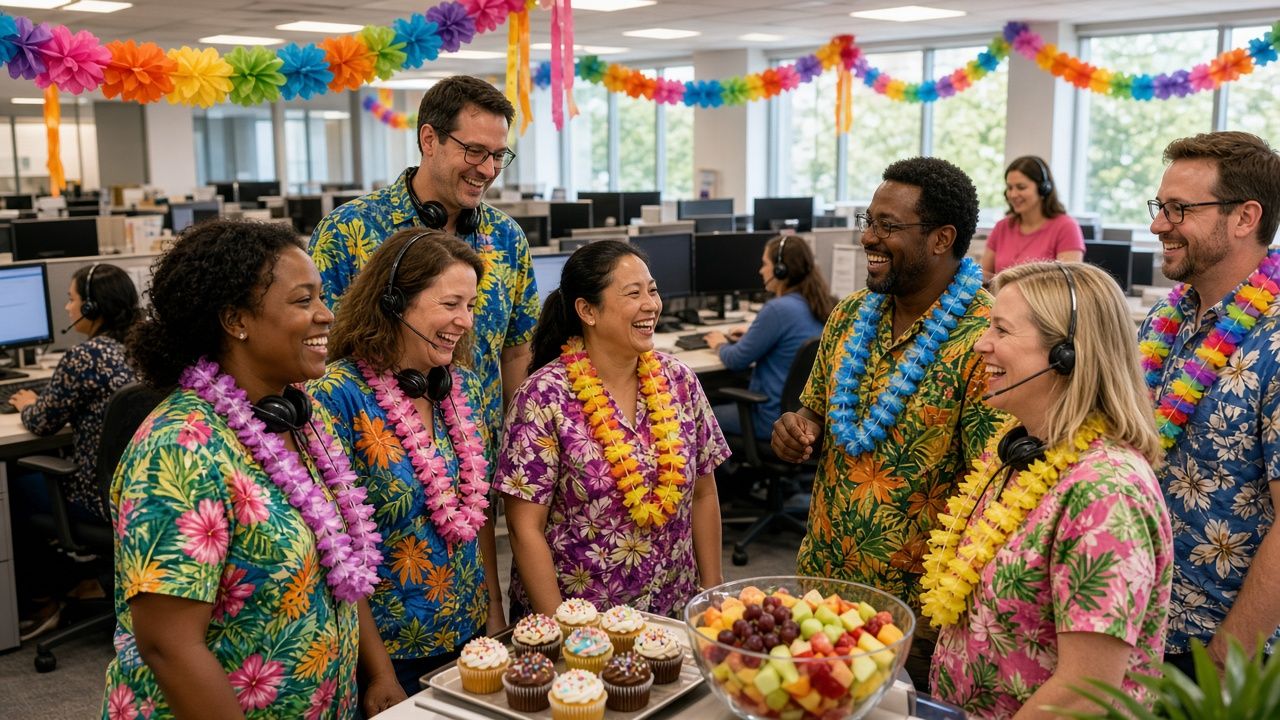 Call center agents in Hawaiian shirts and leis laughing together over cupcakes and fruit on a theme day