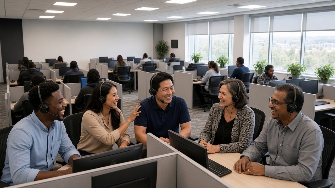 Agents wearing headsets sharing a laugh between calls at their workstations